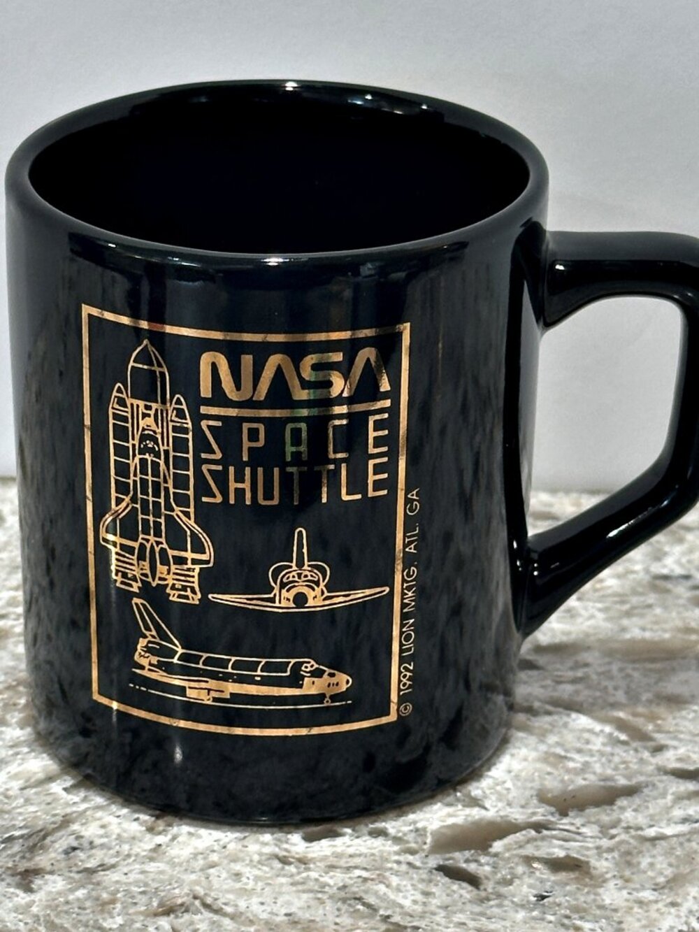 Vintage 90s NASA Space Shuttle Coffee Mug Black Gold 1992 Lion Marketing ATL GA